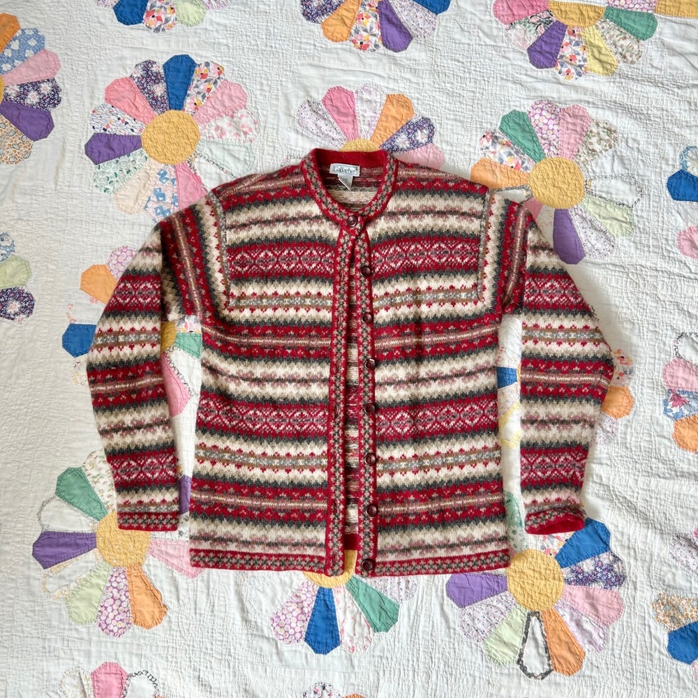 Gallagher Vintage 100% Wool Shetland Fair Isle Cardigan Sweater Red Multi S/P